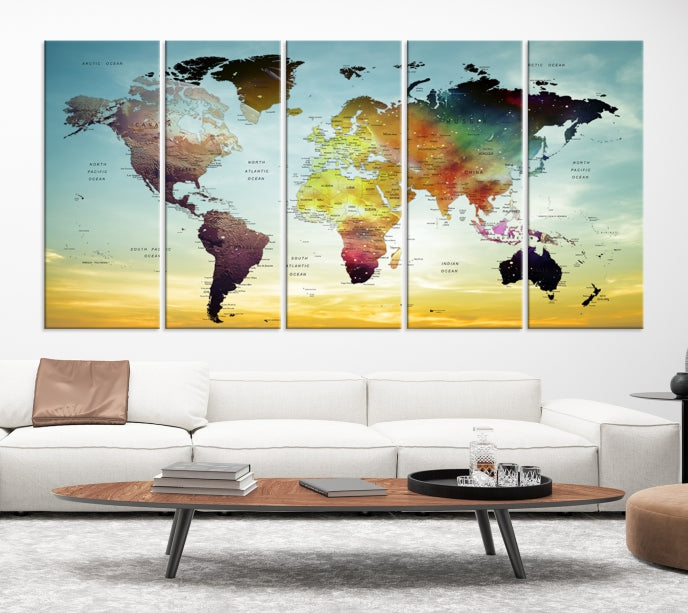 Vivid Colored Push Pin World Map with Sky Background Wall Art Canvas Giclee Print