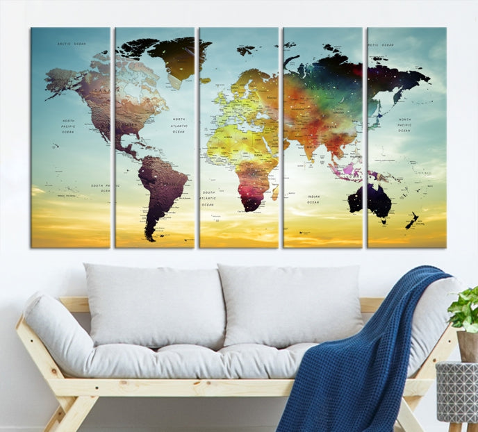 Vivid Colored Push Pin World Map with Sky Background Wall Art Canvas Giclee Print