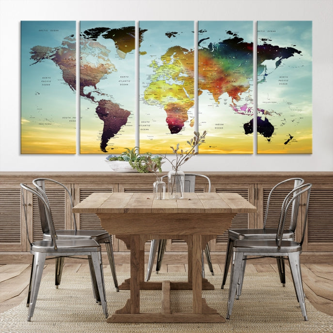 Vivid Colored Push Pin World Map with Sky Background Wall Art Canvas Giclee Print