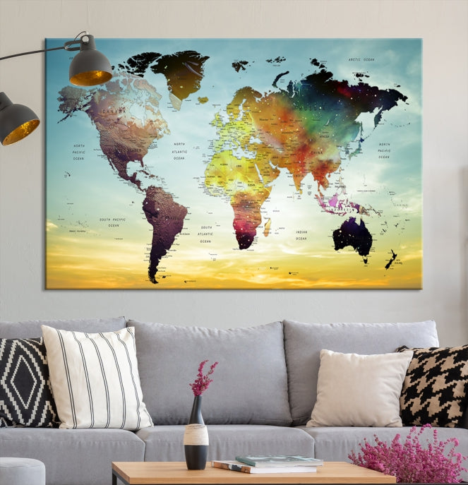 Vivid Colored Push Pin World Map with Sky Background Wall Art Canvas Giclee Print