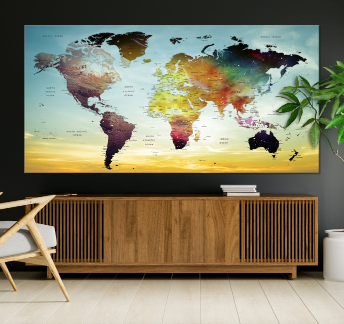 Vivid Colored Push Pin World Map with Sky Background Wall Art Canvas Giclee Print