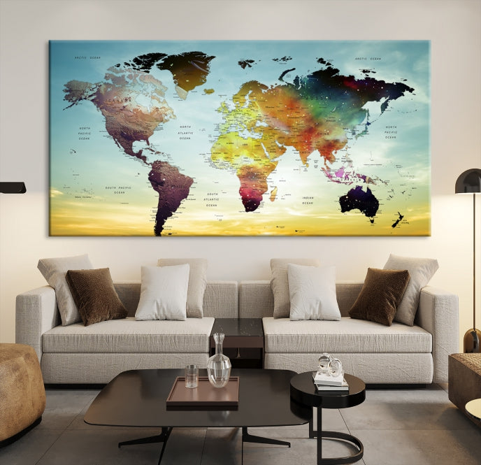 Vivid Colored Push Pin World Map with Sky Background Wall Art Canvas Giclee Print