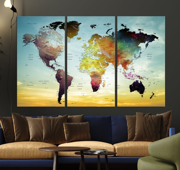 Vivid Colored Push Pin World Map with Sky Background Wall Art Canvas Giclee Print