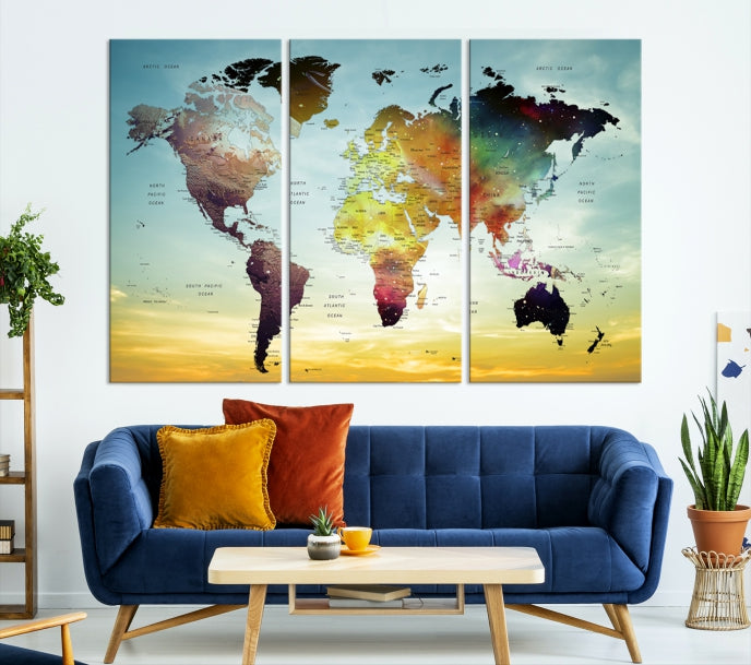 Vivid Colored Push Pin World Map with Sky Background Wall Art Canvas Giclee Print