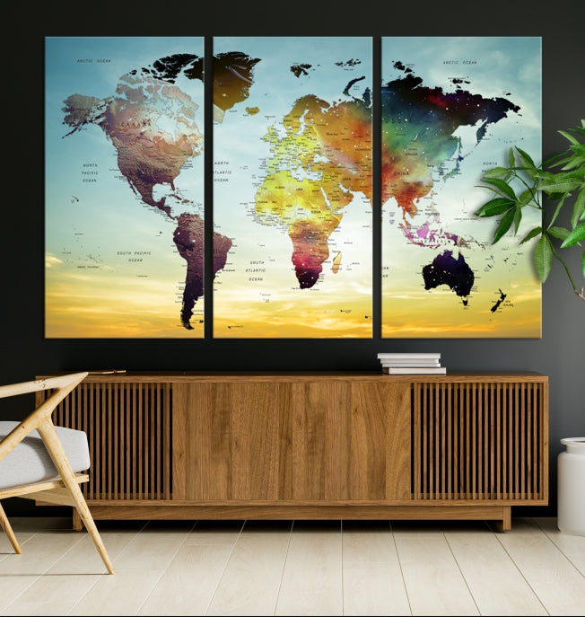 Vivid Colored Push Pin World Map with Sky Background Wall Art Canvas Giclee Print