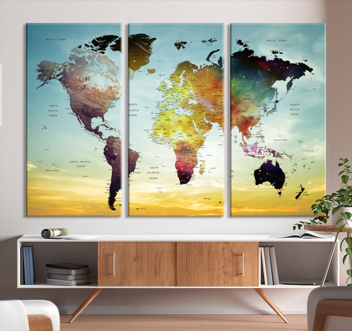 Vivid Colored Push Pin World Map with Sky Background Wall Art Canvas Giclee Print