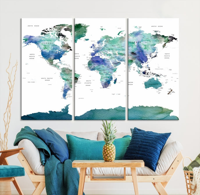 Vivid Colored World Map Push Pin Travel Map Canvas Wall Art Giclee Print