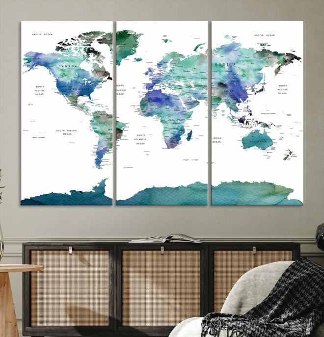 Vivid Colored World Map Push Pin Travel Map Canvas Wall Art Giclee Print