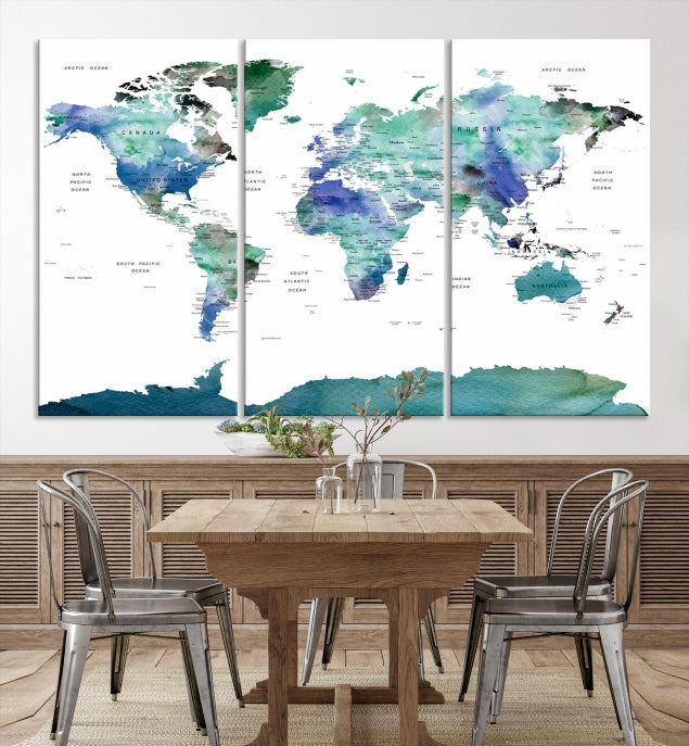 Vivid Colored World Map Push Pin Travel Map Canvas Wall Art Giclee Print