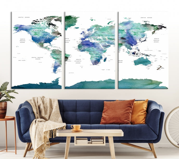 Vivid Colored World Map Push Pin Travel Map Canvas Wall Art Giclee Print