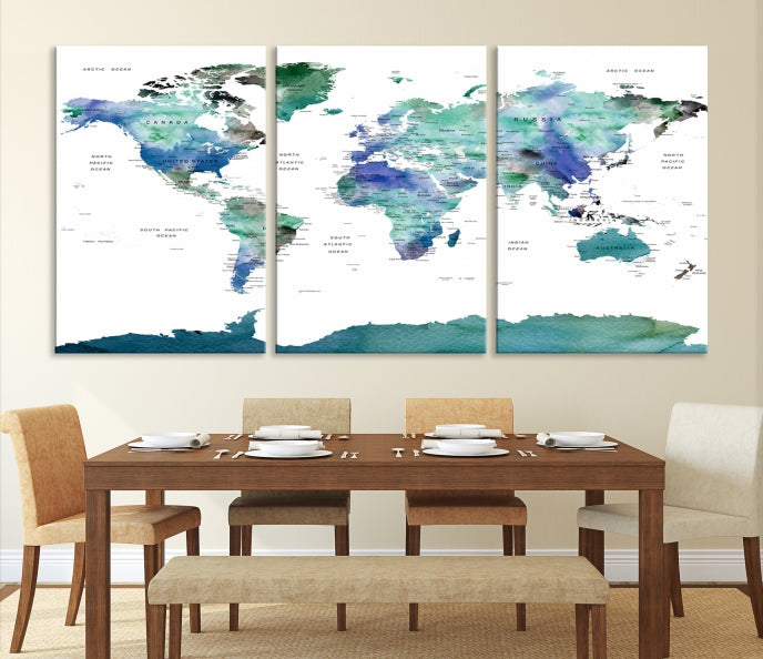 Vivid Colored World Map Push Pin Travel Map Canvas Wall Art Giclee Print