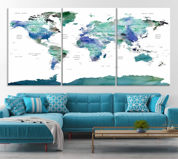 Vivid Colored World Map Push Pin Travel Map Canvas Wall Art Giclee Print