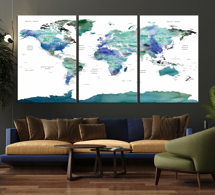 Vivid Colored World Map Push Pin Travel Map Canvas Wall Art Giclee Print