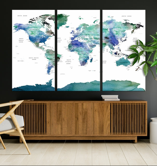 Vivid Colored World Map Push Pin Travel Map Canvas Wall Art Giclee Print