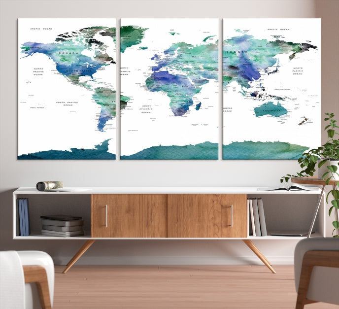 Vivid Colored World Map Push Pin Travel Map Canvas Wall Art Giclee Print