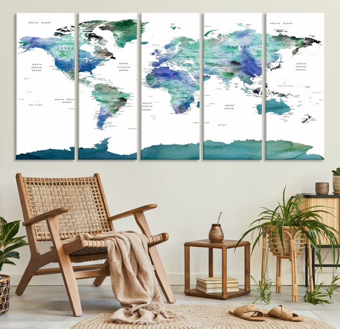 Vivid Colored World Map Push Pin Travel Map Canvas Wall Art Giclee Print