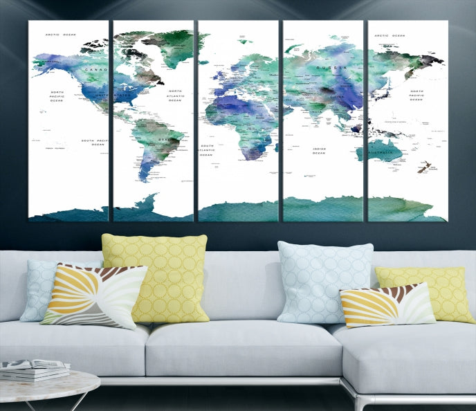 Vivid Colored World Map Push Pin Travel Map Canvas Wall Art Giclee Print