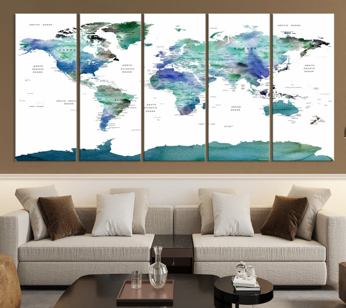 Vivid Colored World Map Push Pin Travel Map Canvas Wall Art Giclee Print