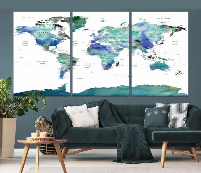 Vivid Colored World Map Push Pin Travel Map Canvas Wall Art Giclee Print