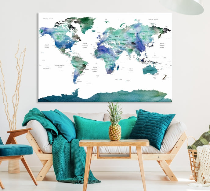 Vivid Colored World Map Push Pin Travel Map Canvas Wall Art Giclee Print