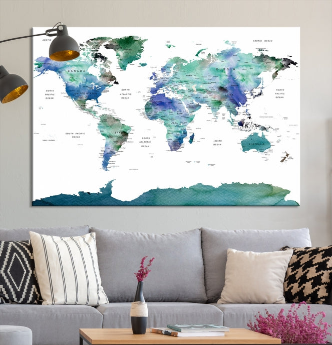 Vivid Colored World Map Push Pin Travel Map Canvas Wall Art Giclee Print