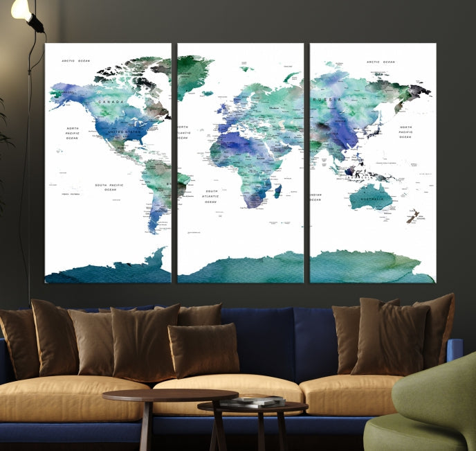 Vivid Colored World Map Push Pin Travel Map Canvas Wall Art Giclee Print