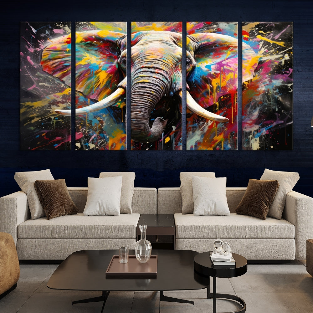 Vivid Colors Abstract Elephant Painting Modern Framed Large Wall Art Canvas Print