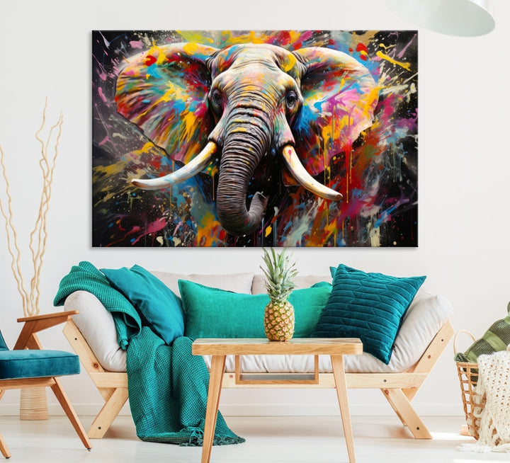 Vivid Colors Abstract Elephant Painting Modern Framed Large Wall Art Canvas Print