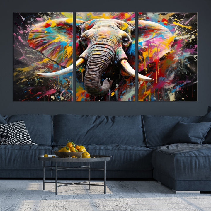 Vivid Colors Abstract Elephant Painting Modern Framed Large Wall Art Canvas Print