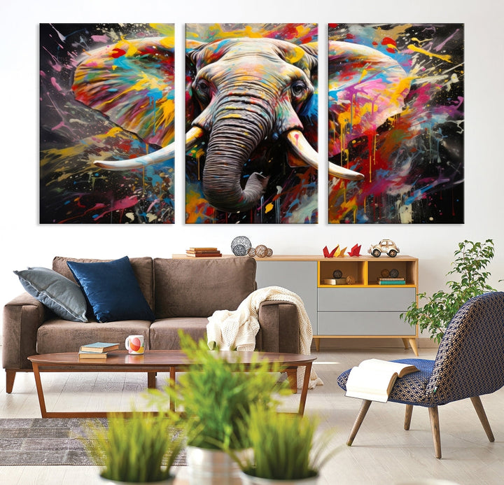 Vivid Colors Abstract Elephant Painting Modern Framed Large Wall Art Canvas Print