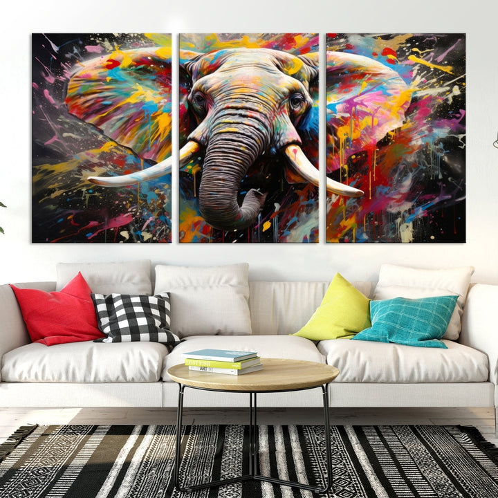 Vivid Colors Abstract Elephant Painting Modern Framed Large Wall Art Canvas Print