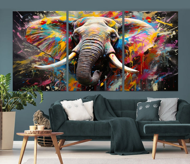 Vivid Colors Abstract Elephant Painting Modern Framed Large Wall Art Canvas Print