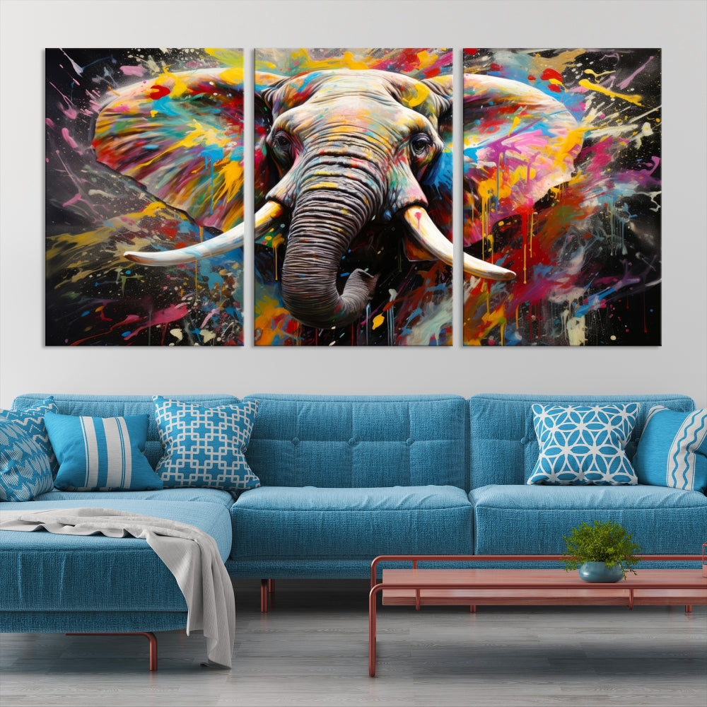 Vivid Colors Abstract Elephant Painting Modern Framed Large Wall Art Canvas Print