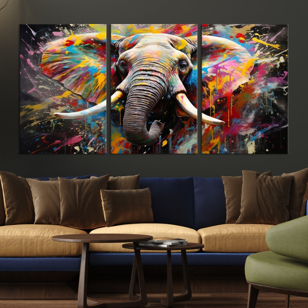 Vivid Colors Abstract Elephant Painting Modern Framed Large Wall Art Canvas Print