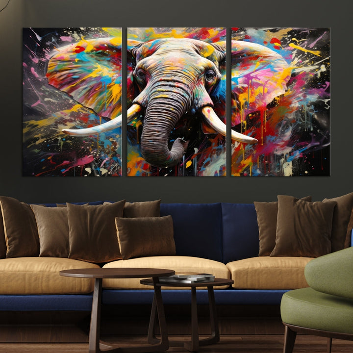 Vivid Colors Abstract Elephant Painting Modern Framed Large Wall Art Canvas Print