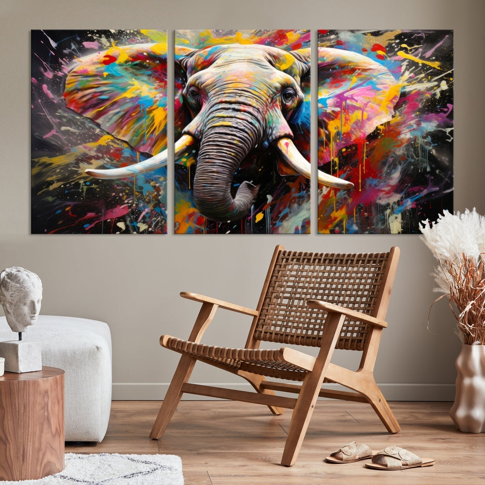 Vivid Colors Abstract Elephant Painting Modern Framed Large Wall Art Canvas Print