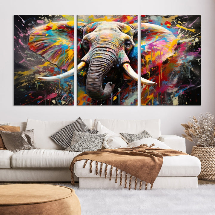 Vivid Colors Abstract Elephant Painting Modern Framed Large Wall Art Canvas Print