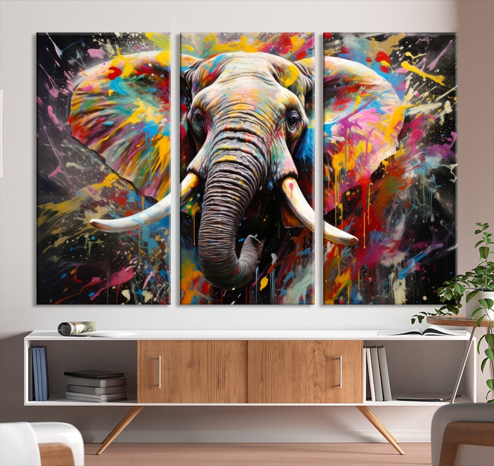 Vivid Colors Abstract Elephant Painting Modern Framed Large Wall Art Canvas Print