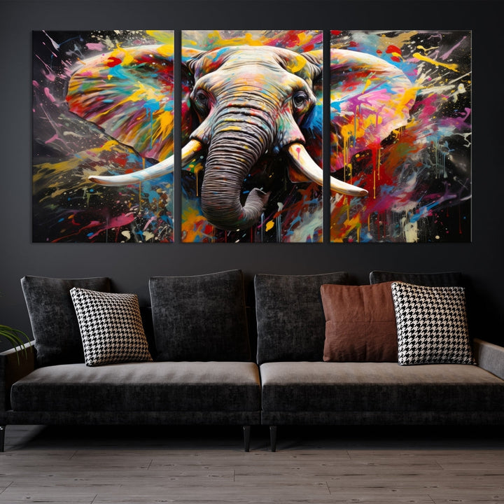 Vivid Colors Abstract Elephant Painting Modern Framed Large Wall Art Canvas Print