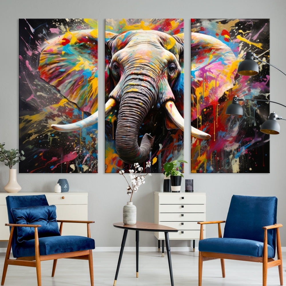 Vivid Colors Abstract Elephant Painting Modern Framed Large Wall Art Canvas Print