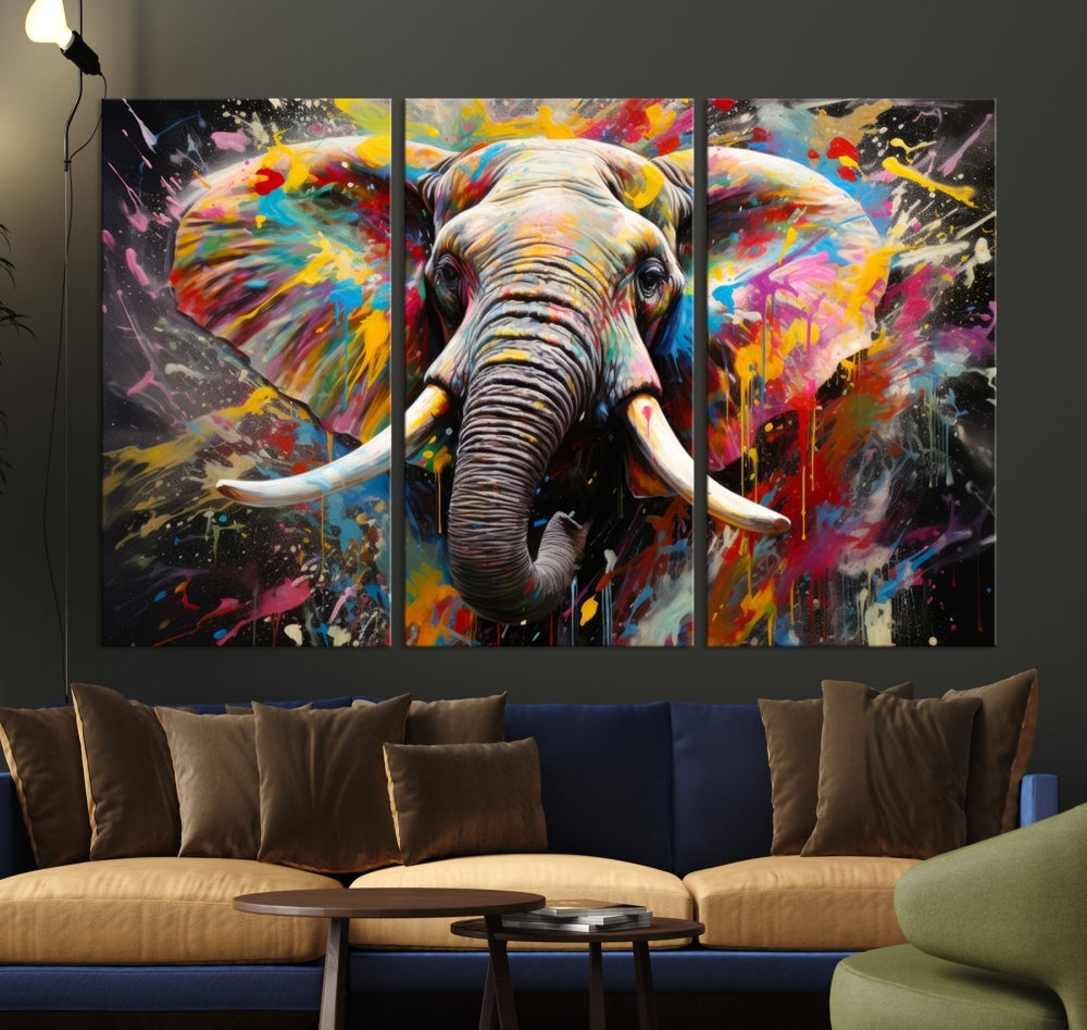 Vivid Colors Abstract Elephant Painting Modern Framed Large Wall Art Canvas Print