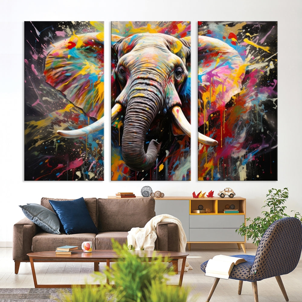 Vivid Colors Abstract Elephant Painting Modern Framed Large Wall Art Canvas Print