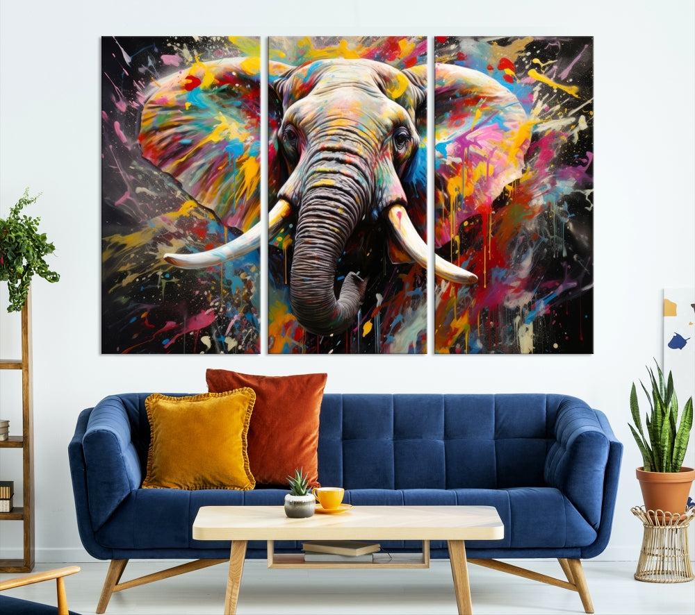 Vivid Colors Abstract Elephant Painting Modern Framed Large Wall Art Canvas Print