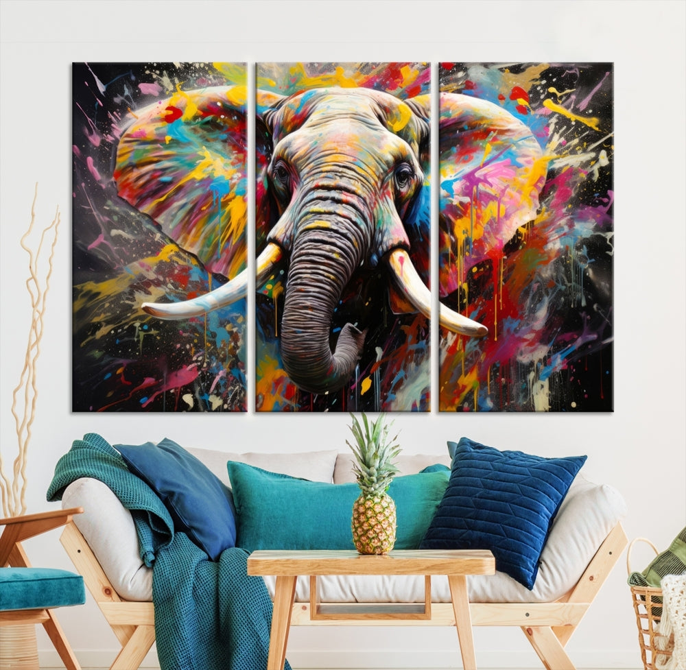 Vivid Colors Abstract Elephant Painting Modern Framed Large Wall Art Canvas Print