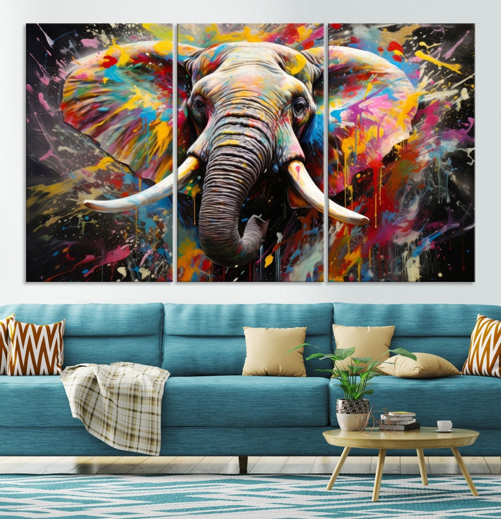 Vivid Colors Abstract Elephant Painting Modern Framed Large Wall Art Canvas Print