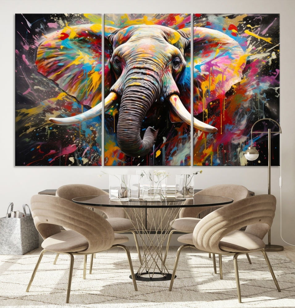 Vivid Colors Abstract Elephant Painting Modern Framed Large Wall Art Canvas Print