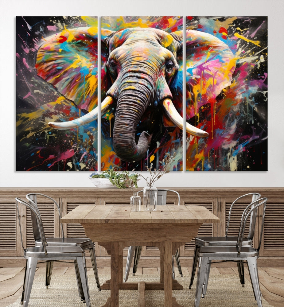 Vivid Colors Abstract Elephant Painting Modern Framed Large Wall Art Canvas Print