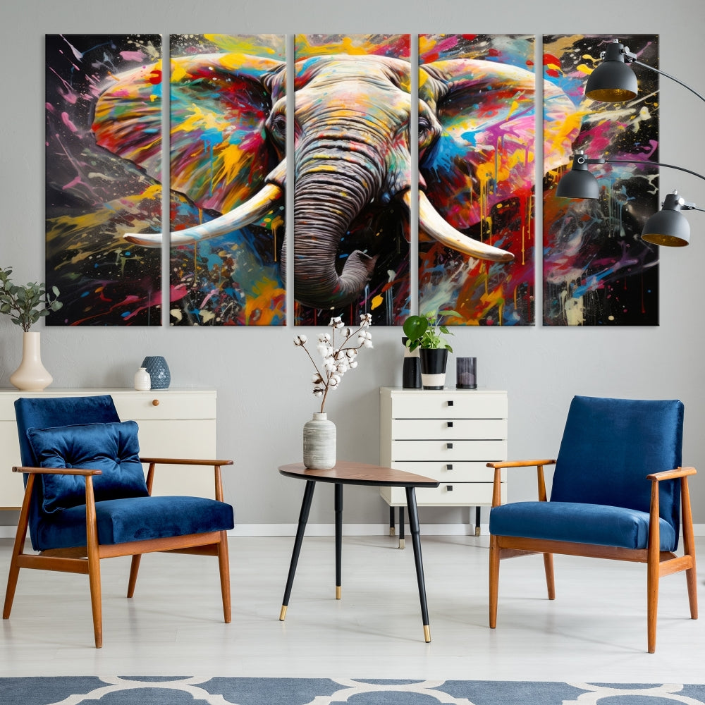 Vivid Colors Abstract Elephant Painting Modern Framed Large Wall Art Canvas Print