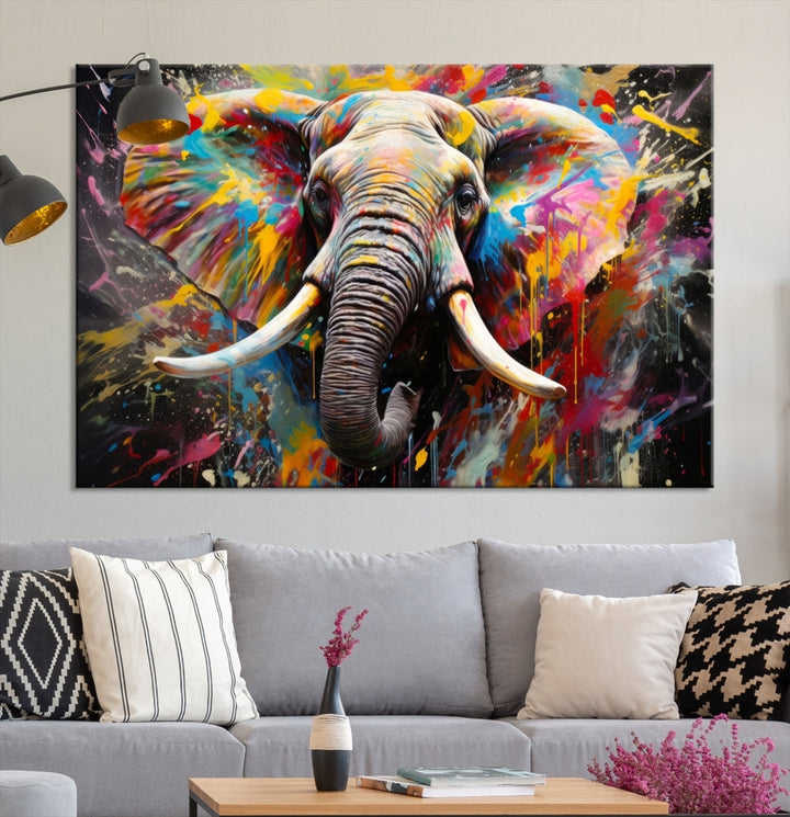 Vivid Colors Abstract Elephant Painting Modern Framed Large Wall Art Canvas Print