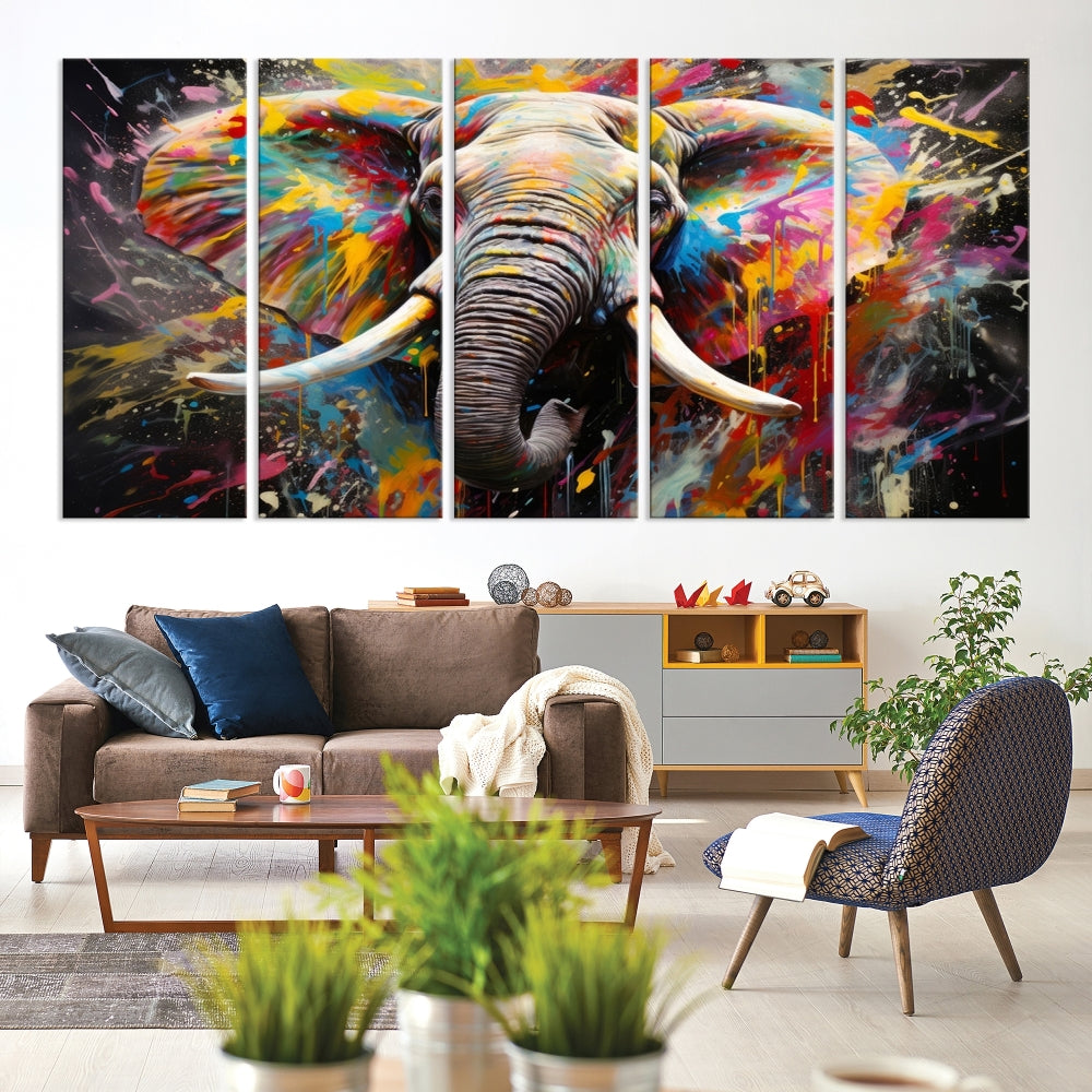 Vivid Colors Abstract Elephant Painting Modern Framed Large Wall Art Canvas Print